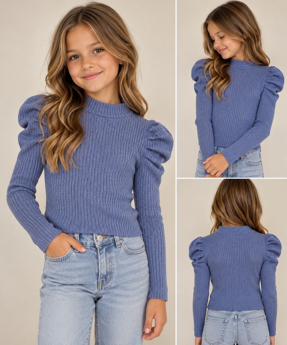 Janie and Jack Girls Periwinkle Ribbed Metallic Puff Sleeve Sweater Size 8